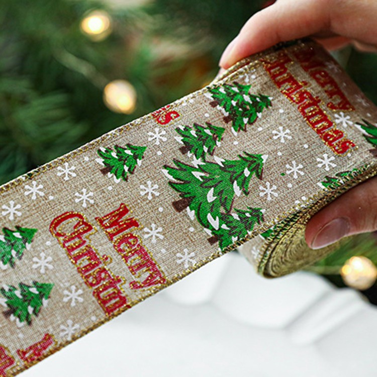 Panglica de Craciun pentru Decor Brad, Flippy, Panglica Decorativa de Craciun pentru Funde, Imprimeu Brazi Merry Christmas, 200 x 6.3 m, Khaki Verde Rosu - vivimall.ro