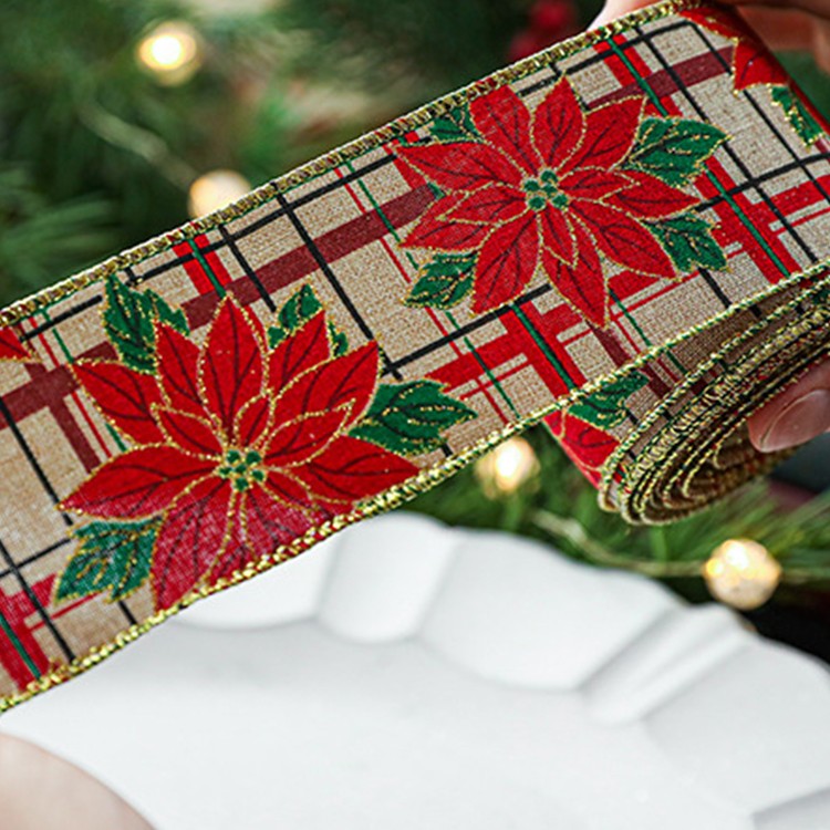 Panglica de Craciun pentru Decor Brad, Flippy, Panglica Decorativa de Craciun pentru Funde, Imprimeu Floare Rosie, 200 x 6.3 m, Khaki Rosu - vivimall.ro