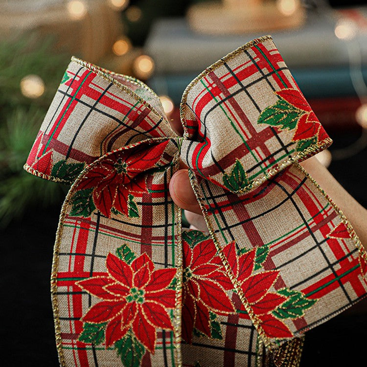 Panglica de Craciun pentru Decor Brad, Flippy, Panglica Decorativa de Craciun pentru Funde, Imprimeu Floare Rosie, 200 x 6.3 m, Khaki Rosu - vivimall.ro