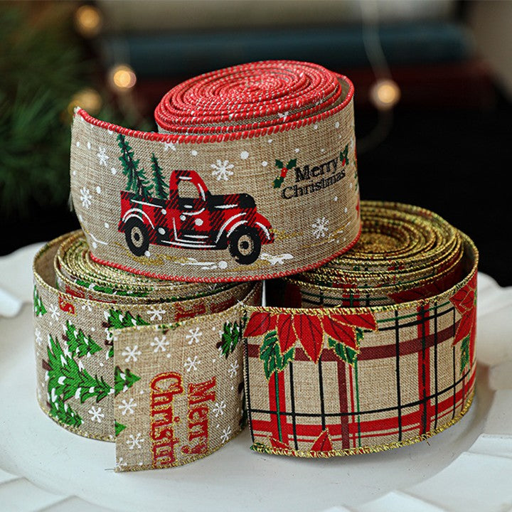 Panglica de Craciun pentru Decor Brad, Flippy, Panglica Decorativa de Craciun pentru Funde, Imprimeu Floare Rosie, 200 x 6.3 m, Khaki Rosu - vivimall.ro