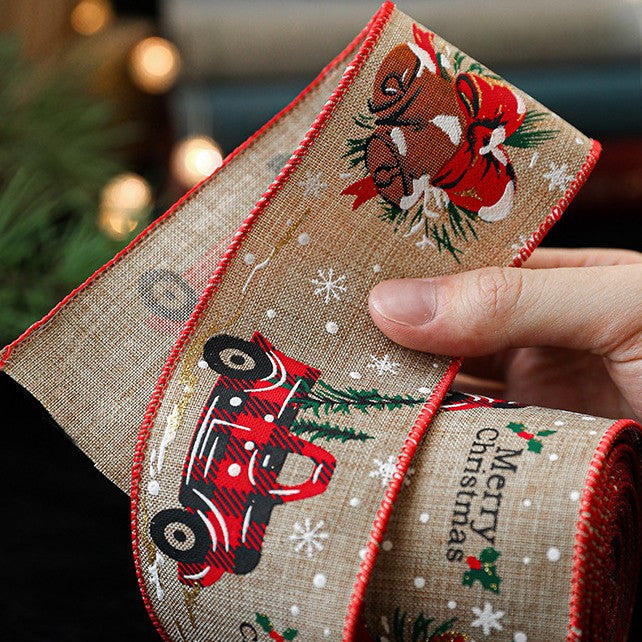 Panglica de Craciun pentru Decor Brad, Flippy, Panglica Decorativa de Craciun pentru Funde, Imprimeu Pick-Up Merry Christmas, 200 x 6.3 m, Khaki Rosu - vivimall.ro