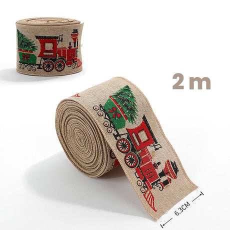 Panglica de Craciun pentru Decor Brad, Flippy, Panglica Decorativa de Craciun pentru Funde, Imprimeu Trenulet, 200 x 6.3 m, Khaki - vivimall.ro