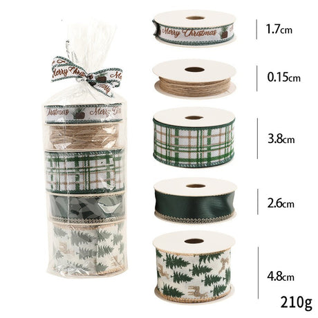 Panglica Decorativa cu Tematica de Craciun, Flippy, Set din 4 bucat + 1 Rulon Ata Maro, Panglica pentru Cadou de Craciun Brad si Decor, 2 M per bucata, Model Brad, Alb Verde - vivimall.ro