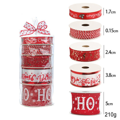 Panglica Decorativa cu Tematica de Craciun, Flippy, Set din 4 bucat + 1 Rulon Ata Rosie Alba, Panglica pentru Cadou de Craciun Brad si Decor, 2 M per bucata, Model HO HO HO, Rosu - vivimall.ro