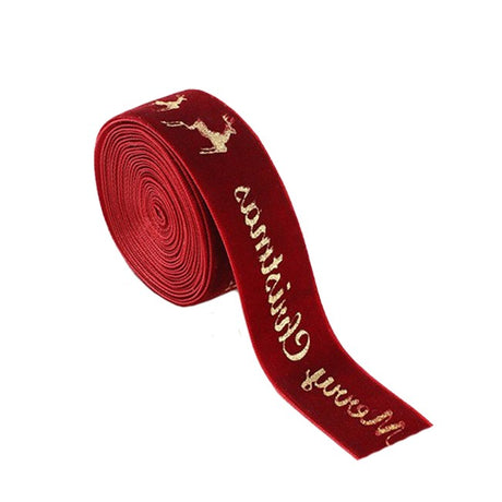 Panglica Decorativa de Craciun, Flippy, Panglica din Panza cu aspec de Catifea, Funda Ornament, Model Merry Christmas si Cerbi Aurii, Decor pentru Brad de Craciun, 200 x 2.5 cm, Rosu - vivimall.ro