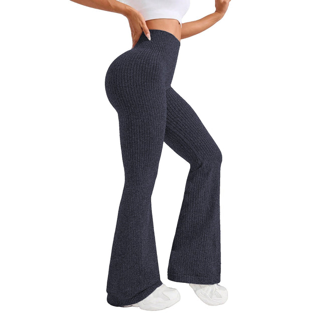 Pantaloni Sport de Dama, Vivimall, pentru Yoga, Talie Inalta, Evazati, Tricotati, Albastru Marin, Marime L - vivimall.ro