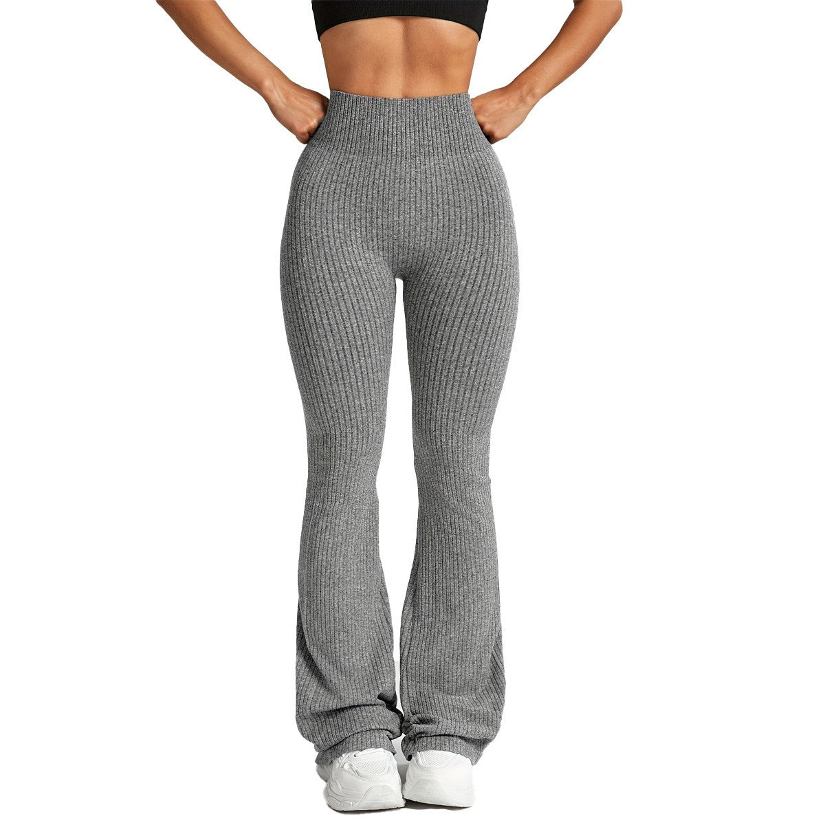 Pantaloni Sport de Dama, Vivimall, pentru Yoga, Talie Inalta, Evazati, Tricotati, Gri Deschis, Marime S - vivimall.ro