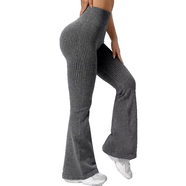 Pantaloni Sport de Dama, Vivimall, pentru Yoga, Talie Inalta, Evazati, Tricotati, Gri Inchis, Marime L - vivimall.ro