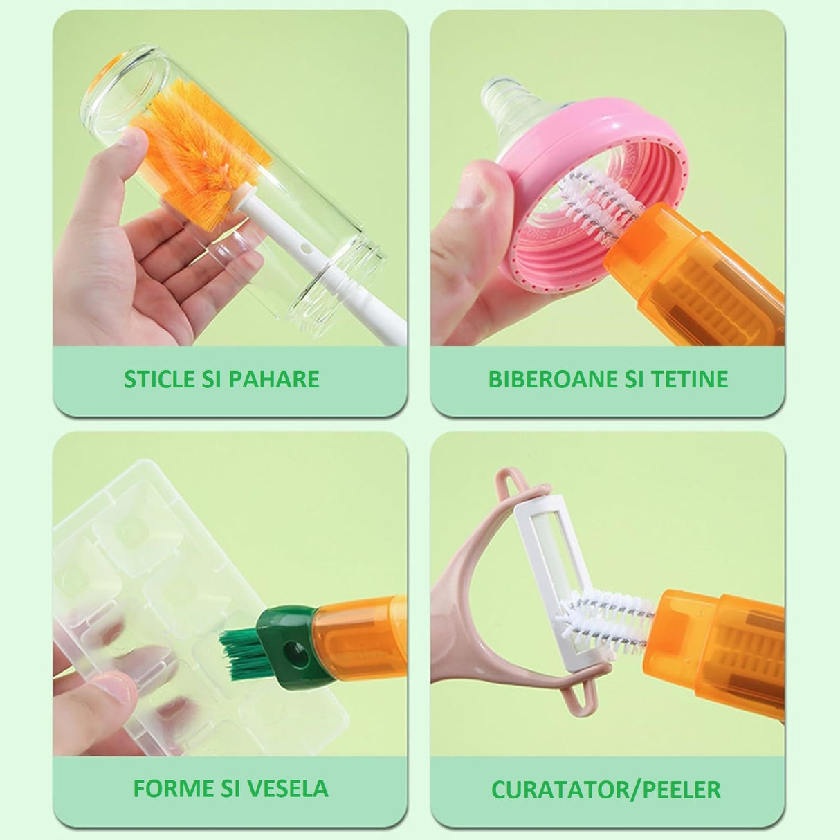 Perie 5 in 1 de Curatat Pahare, Cani, Sticle, Vivimall, cu Maner Lung, Accesorii pentru Spalarea Paielor si Capacelor, Usor de Agatat, 36x7x7cm, Portocaliu-Alb - vivimall.ro