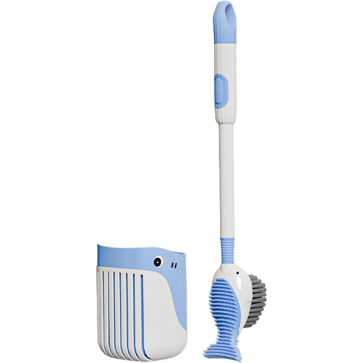 Perie de Toaleta, Flippy, cu Suport de Perete, Recipient Detergent, 2 Tipuri de Perii, Model Balena, Albastru