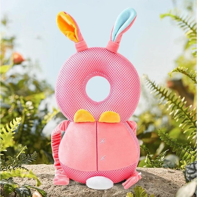 Perna tip Rucsac pentru Protectia Capului, Vivimall, Tetiera tip Iepure, pentru Bebelusi, Design tip Plasa, 33x6x19 cm, 180 g, Roz - vivimall.ro