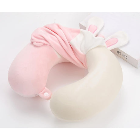 Perna de Calatorie in Forma de U, Vivimall, Pentru Gat si Cap, Umplutura din Spuma cu Memorie, 30x30 cm, Model Iepuras, Accesoriu de Voiaj, Birou, Masina, Sistem Prindere Capse, Roz-Alb - vivimall.ro