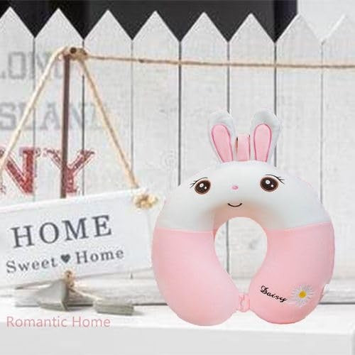 Perna de Calatorie in Forma de U, Vivimall, Pentru Gat si Cap, Umplutura din Spuma cu Memorie, 30x30 cm, Model Iepuras, Accesoriu de Voiaj, Birou, Masina, Sistem Prindere Capse, Roz-Alb - vivimall.ro