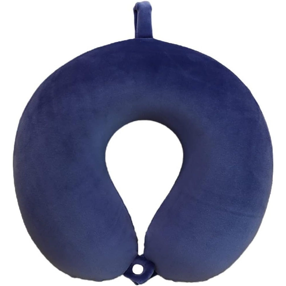 Perna de Calatorie in Forma de U, Vivimall, Pentru Gat si Cap, Umplutura din Spuma cu Memorie, 30x30 cm, Sistem Prindere Capse, Cutie de Depozitare, Albastru Marin - vivimall.ro
