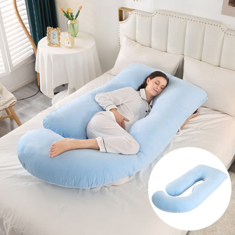 Detaliu husă detașabilă și lavabilă pernă gravide Flippy ergonomică tip J, material textil moale albastru deschis