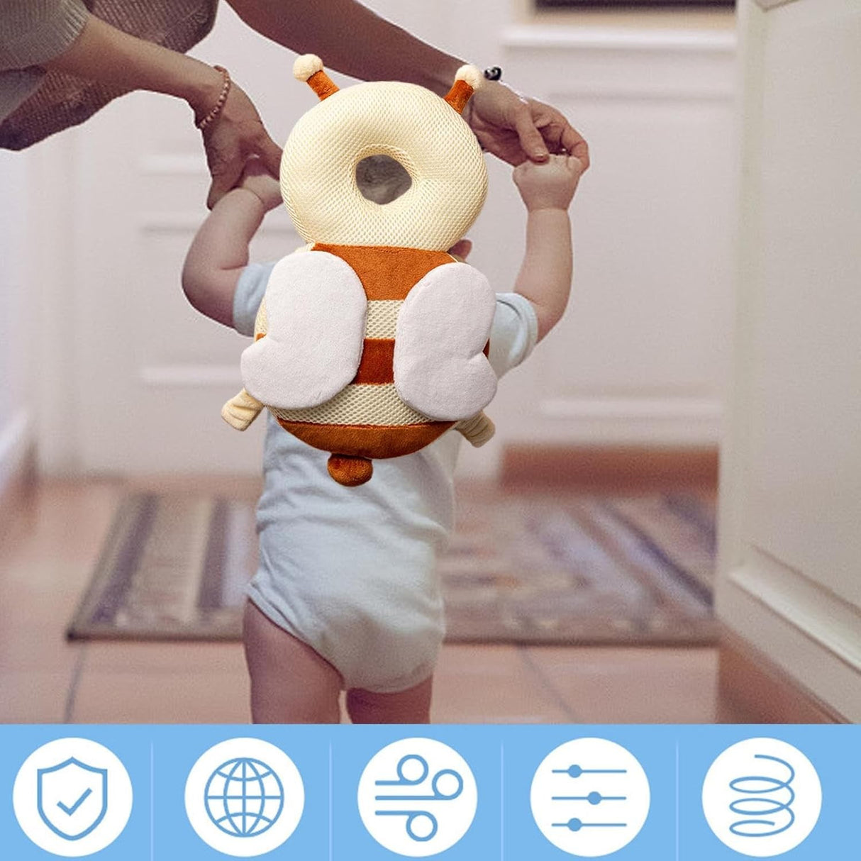 Perna tip Rucsac pentru Protectia Capului, Vivimall, Tetiera tip Albina, pentru Bebelusi, Design tip Plasa, 33x6x19 cm, 180 g, Maro/Bej - vivimall.ro