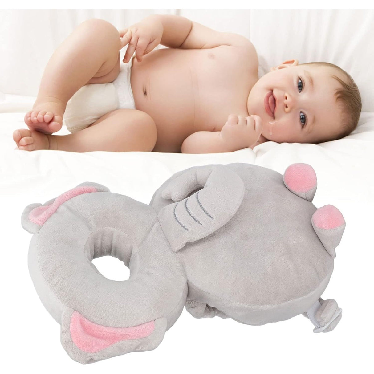 Perna tip Rucsac pentru Protectia Capului, Vivimall, Tetiera tip Elefant de Plus, pentru Bebelusi, 33x6x19 cm, 180 g, Gri - vivimall.ro