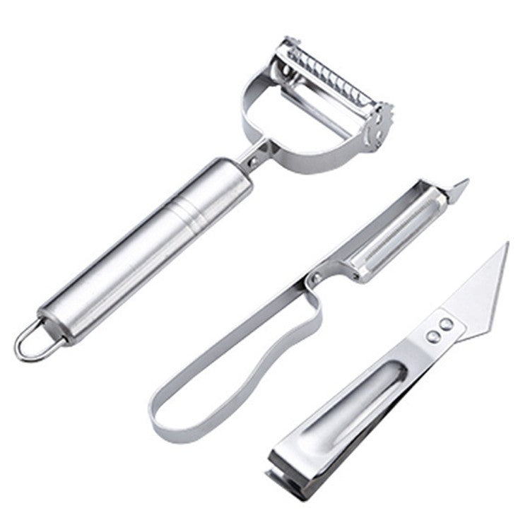 Accesorii de Curatat Decojit Fructe Legume, Vivimall, Set 3 Piese, Feliator Cutit Decojitor, Legume si Fructe, din Otel Inoxidabil, cu Maner, Argintiu - vivimall.ro