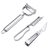 Accesorii de Curatat Decojit Fructe Legume, Vivimall, Set 3 Piese, Feliator Cutit Decojitor, Legume si Fructe, din Otel Inoxidabil, cu Maner, Argintiu - vivimall.ro