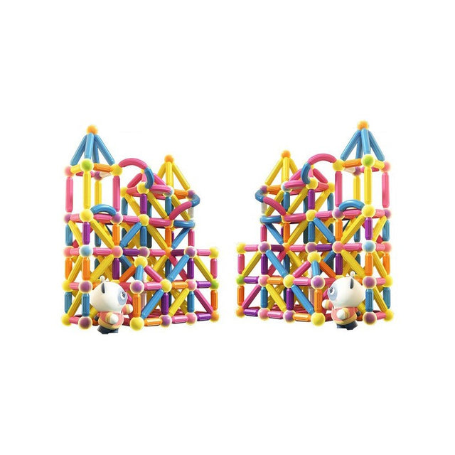 Set piese magnetice Flippy, 258 piese multicolor din plastic, constructor magnetic pentru forme 2D și 3D, vedere de ansamblu