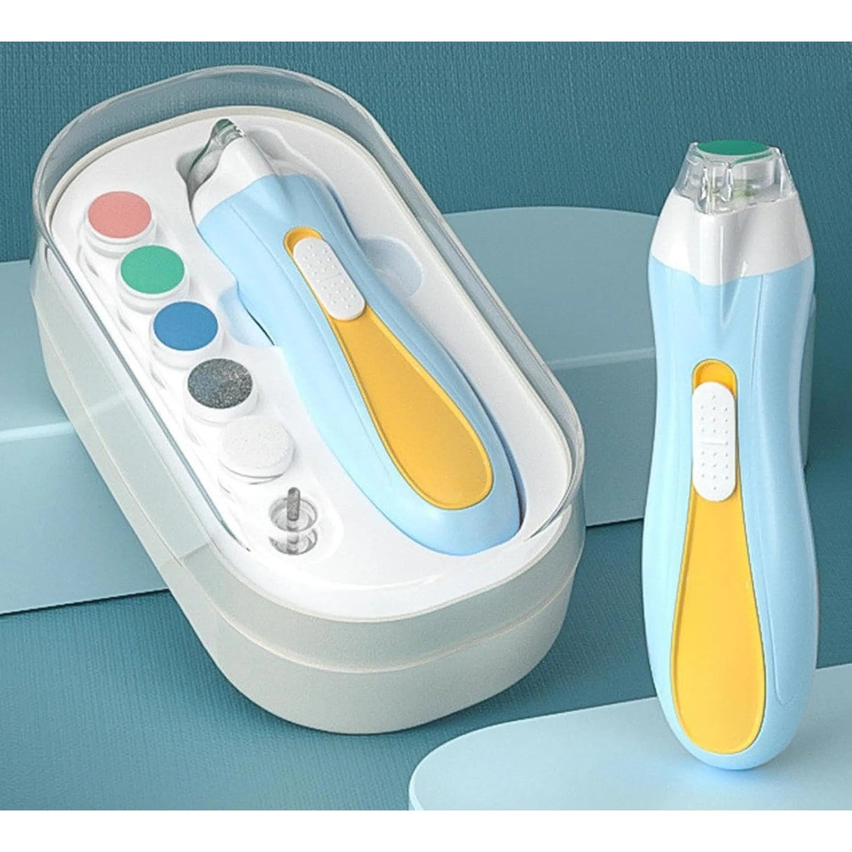 Pila Electrica, Vivimall, pentru Copii si Bebelusi, din ABS, 6 Accesorii, cu Lumina LED, 9.5 x 6 x 17 cm, Albastru/Portocaliu - vivimall.ro