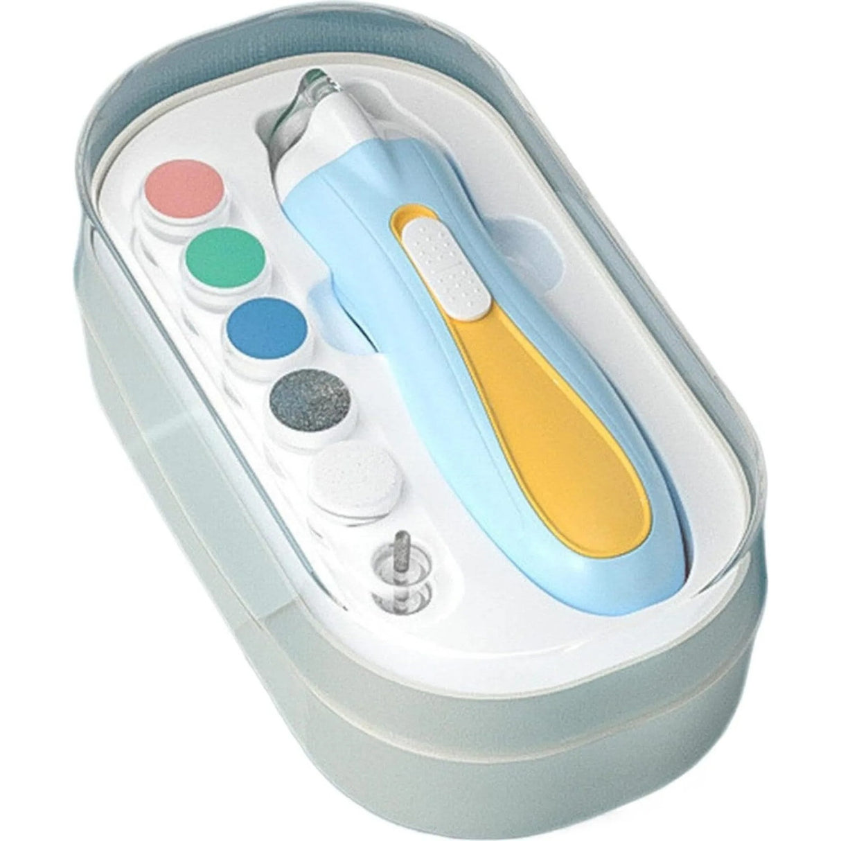 Pila Electrica, Vivimall, pentru Copii si Bebelusi, din ABS, 6 Accesorii, cu Lumina LED, 9.5 x 6 x 17 cm, Albastru/Portocaliu - vivimall.ro