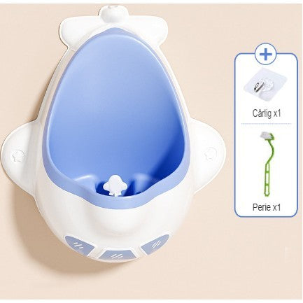 Pisoar pentru Baieti, Vivimall, 0-8 Ani, in Forma de Avion, Perie Inclusa, Montare pe Perete, Carlig Autoadeziv Inclus, 29 x 33.5 cm, Alb/Albastru - vivimall.ro