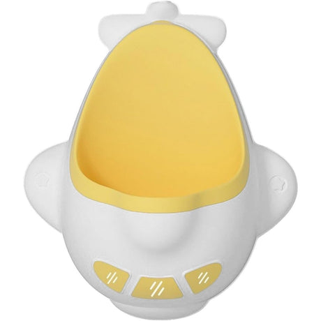 Pisoar pentru Baieti, Vivimall, 0-8 Ani, in Forma de Avion, Perie Inclusa, Montare pe Perete, Carlig Autoadeziv Inclus, 29 x 33.5 cm, Alb/Galben - vivimall.ro