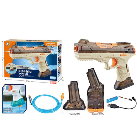 Pistol cu Apa Electric, Vivimall, 2 Rezervoare 75/350 ml, din ABS+Silicon, Baterie, Incarcare USB, Conectare la Furtun, +6 Ani, Maro - vivimall.ro