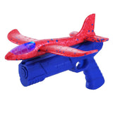 Pistol cu Lansator de Avion, Vivimall, din Polistiren+Plastic, +3 Ani, Avion 24 cm, Lansare 10 m, cu Lumini, Albastru/Rosu - vivimall.ro