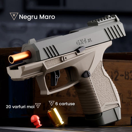 Pistol de jucarie GX4 cu Ejectie, Vivimall, de Explozie de buzunar, Makara BLOWBACK, Gloante Moi pentru Copii, 15 x 13 x 3.5 cm, Negru Maro - vivimall.ro