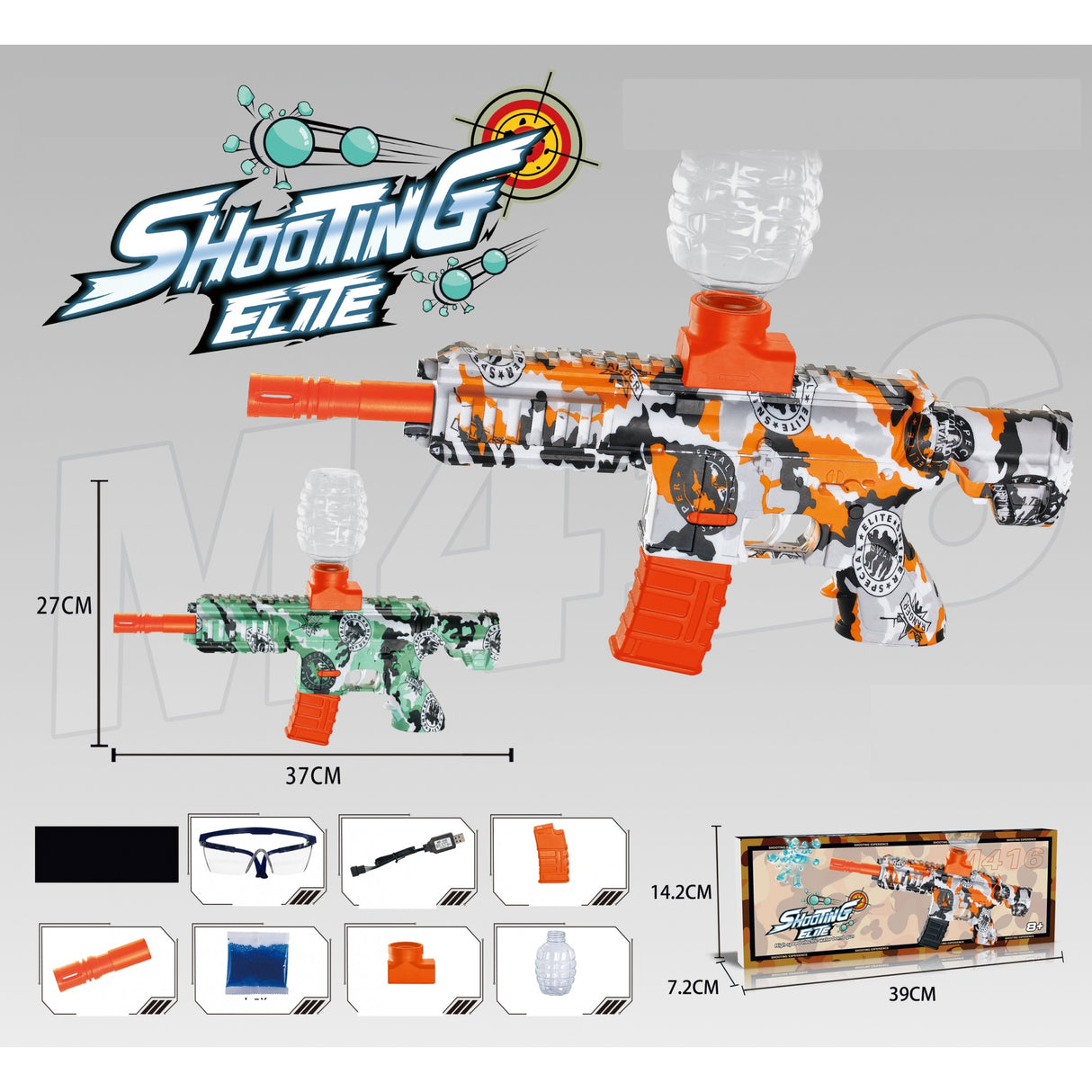 Mitraliera de jucarie electrica Vivimall cu bile de hidrogen de gel, gun bluster, tragere in rafala, varsta peste 6 ani, ochelari de protectie, 5000 de bile incluse, cablu de incarcare, 27x37 cm, M416, verde - vivimall.ro