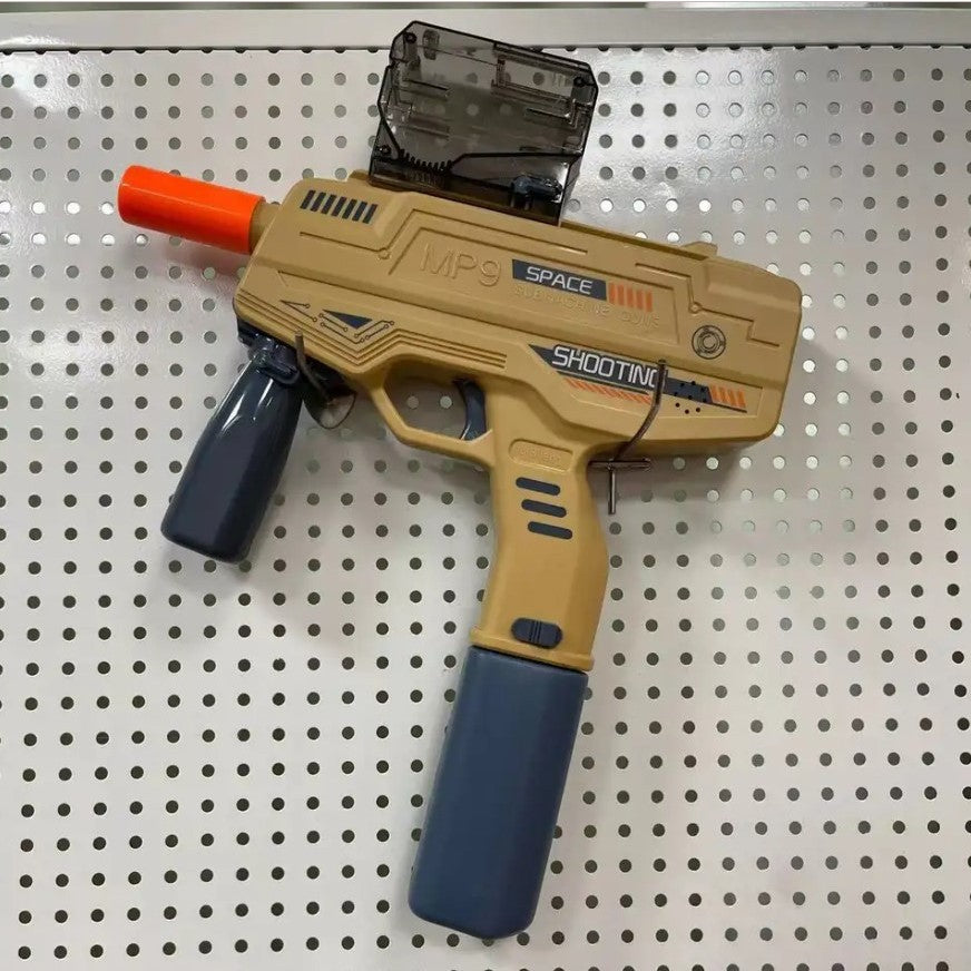 Mitraliera de jucarie electrica Vivimall cu bile de hidrogen de gel, gun bluster, tragere in rafala, varsta peste 6 ani, ochelari de protectie,  5000 de bile incluse, cablu de incarcare, 40.1 x 31.6 cm, Mp9, crem - vivimall.ro