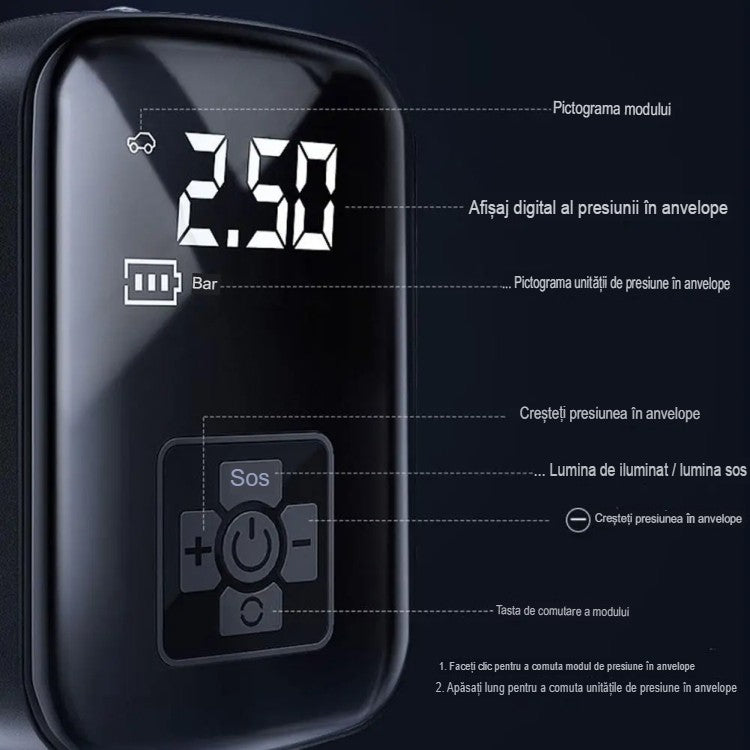 Pompa de Aer Wireless, Vivimall, Portabila, 150 PSI, Pentru Anvelope si Mingi, Baterie 2000 mAh, Afisaj Digital, 12.7 x 8.5 cm, Negru - vivimall.ro