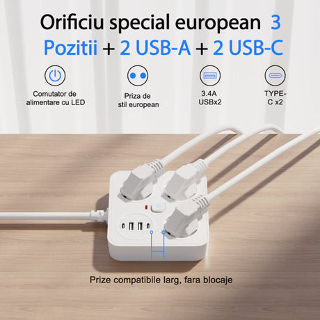 Prelungitor multifuncțional Flippy cu suport telefon integrat și indicator LED pornit, detaliu lateral