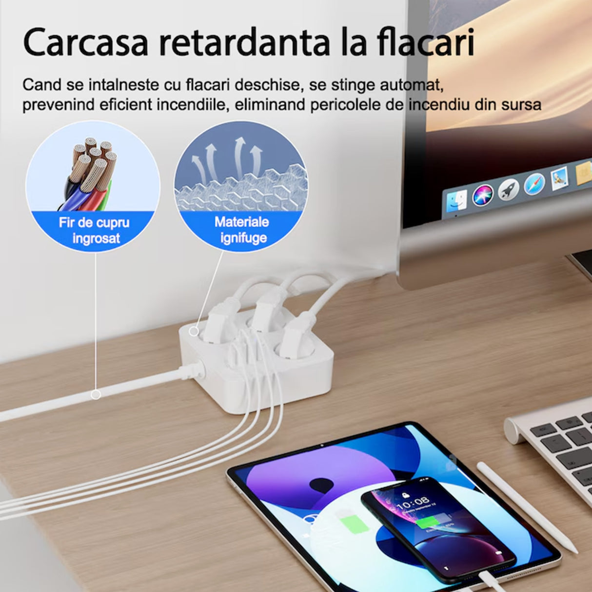 Prelungitor Multifunctional pentru Birou, Flippy, 3 Prize, 2 USB-A, 2 TYPE-C, Suport pentru Telefon, 3250W, Lungime Cablu 2 m, 11.4 x 12.4 cm, Alb - vivimall.ro