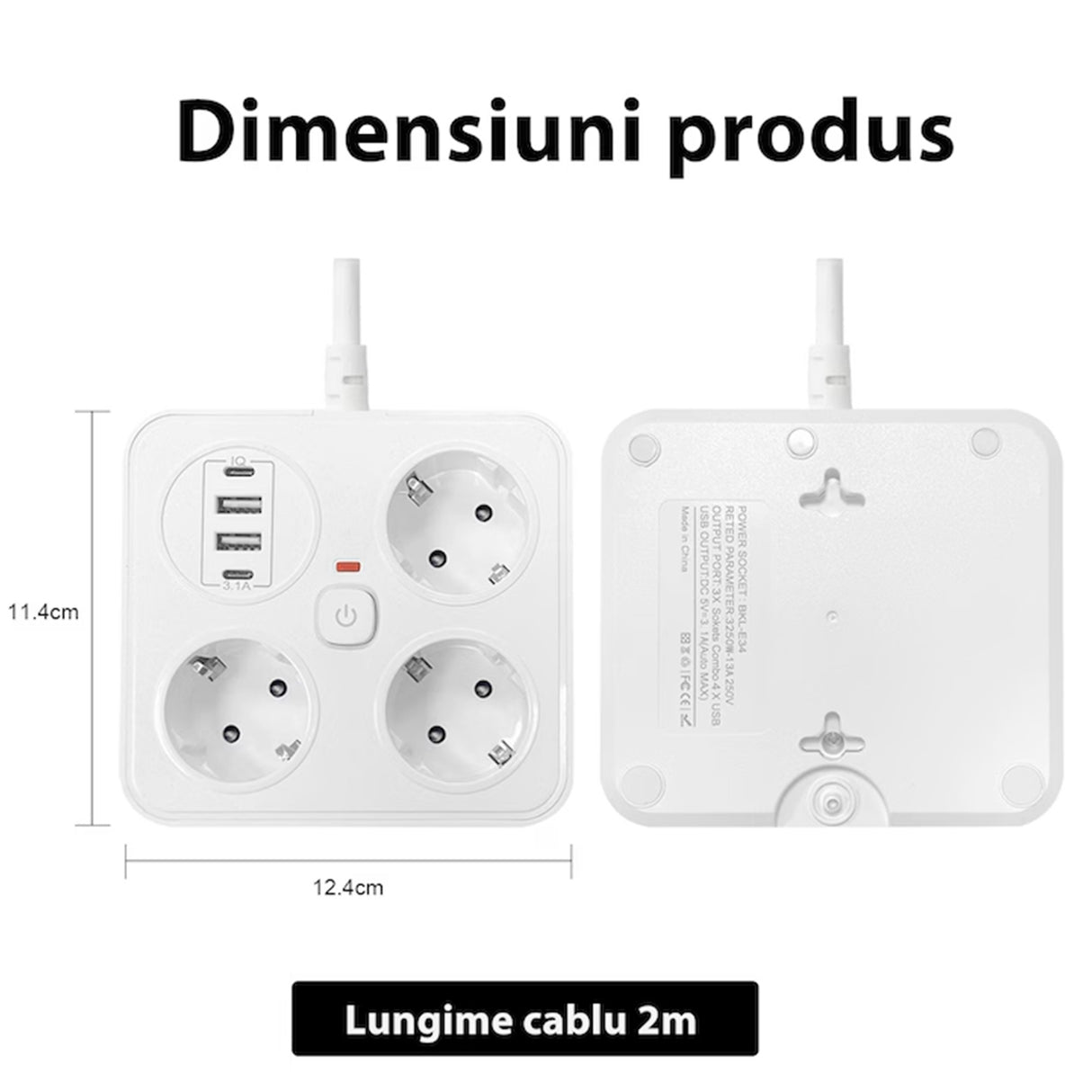Prelungitor Multifunctional pentru Birou, Flippy, 3 Prize, 2 USB-A, 2 TYPE-C, Suport pentru Telefon, 3250W, Lungime Cablu 2 m, 11.4 x 12.4 cm, Alb - vivimall.ro