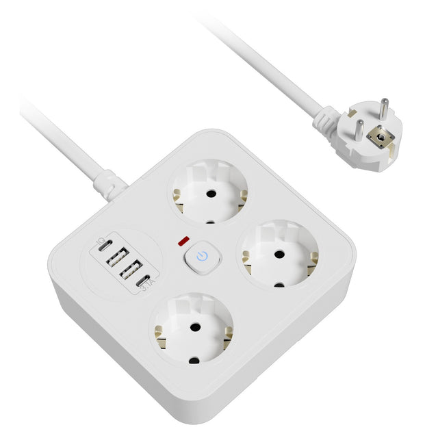 Prelungitor Multifunctional pentru Birou, Flippy, 3 Prize, 2 USB-A, 2 TYPE-C, Suport pentru Telefon, 3250W, Lungime Cablu 2 m, 11.4 x 12.4 cm, Alb - vivimall.ro
