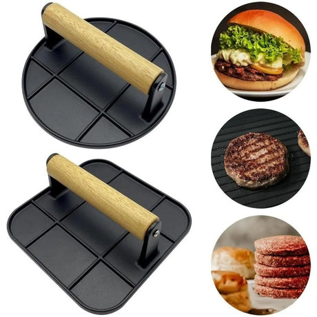 Presa Manuala Pentru Carne, Din Aliaj De Aluminiu, Maner Din Lemn, Presa Pentru Burgeri, Usor De Curatat Si Folosit, Patrata, 16X16X6 Cm, Neagra - vivimall.ro