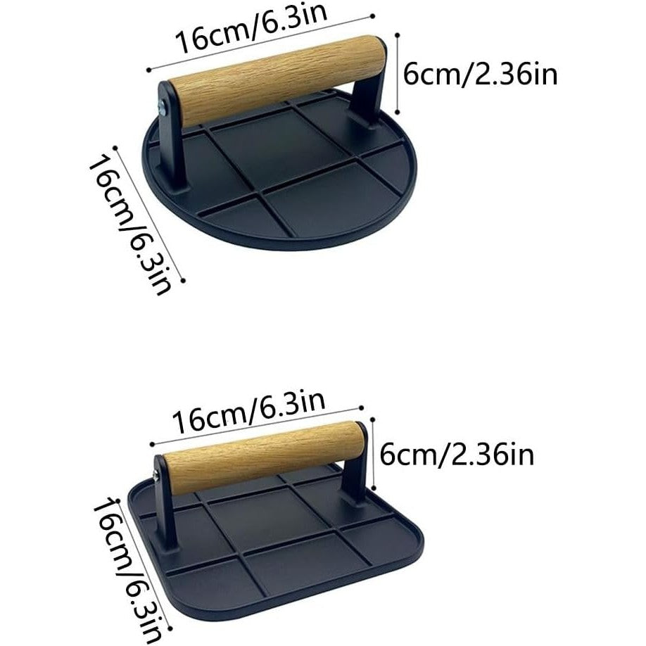 Presa Manuala pentru Carne, Vivimall, din Aliaj de Aluminiu, Maner din Lemn, Presa pentru Burgeri, Usor de Curatat si Folosit, Patrata, 16x16x6 cm, Neagra - vivimall.ro