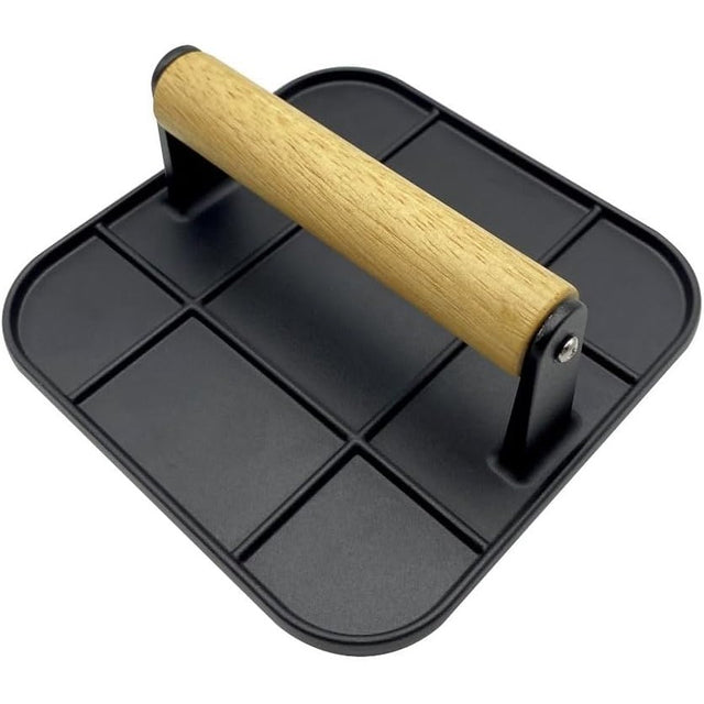 Presa Manuala pentru Carne, Vivimall, din Aliaj de Aluminiu, Maner din Lemn, Presa pentru Burgeri, Usor de Curatat si Folosit, Patrata, 16x16x6 cm, Neagra - vivimall.ro