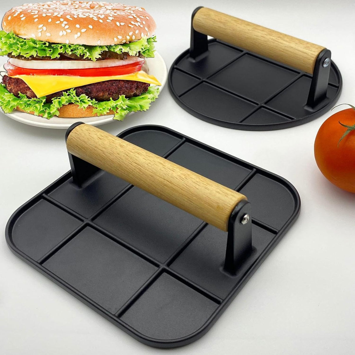 Presa Manuala Pentru Carne, Din Aliaj De Aluminiu, Maner Din Lemn, Presa Pentru Burgeri, Usor De Curatat Si Folosit, Patrata, 16X16X6 Cm, Neagra - vivimall.ro