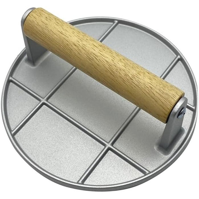 Presa Manuala pentru Carne, Vivimall, din Aliaj de Aluminiu, Maner din Lemn, Presa pentru Burgeri, Usor de Curatat si Folosit, Rotunda, 16x16x6 cm, Gri - vivimall.ro