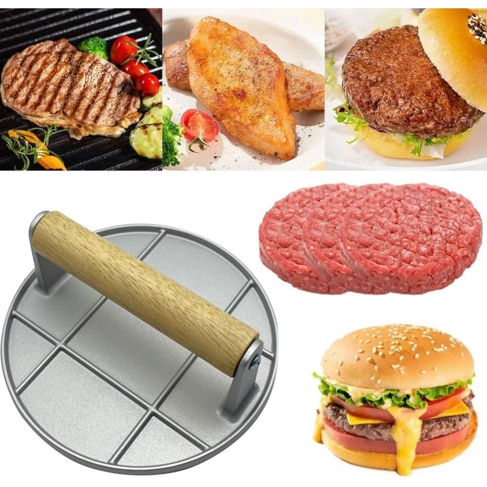 Presa Manuala Pentru Carne, Din Aliaj De Aluminiu, Maner Din Lemn, Presa Pentru Burgeri, Usor De Curatat Si Folosit, Rotunda, 16X16X6 Cm, Gri - vivimall.ro