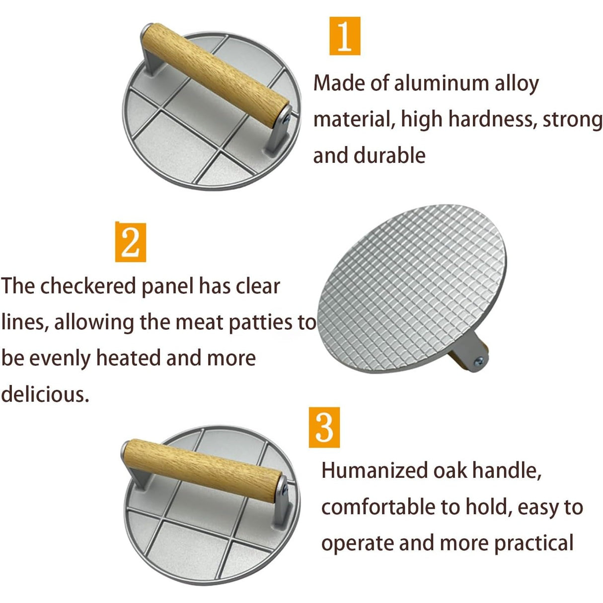 Presa Manuala pentru Carne, Vivimall, din Aliaj de Aluminiu, Maner din Lemn, Presa pentru Burgeri, Usor de Curatat si Folosit, Rotunda, 16x16x6 cm, Gri - vivimall.ro