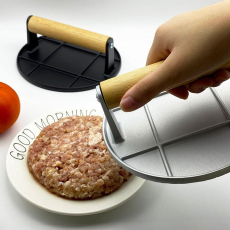 Presa Manuala Pentru Carne, Din Aliaj De Aluminiu, Maner Din Lemn, Presa Pentru Burgeri, Usor De Curatat Si Folosit, Rotunda, 16X16X6 Cm, Gri - vivimall.ro