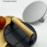 Presa Manuala Pentru Carne, Din Aliaj De Aluminiu, Maner Din Lemn, Presa Pentru Burgeri, Usor De Curatat Si Folosit, Rotunda, 16X16X6 Cm, Gri - vivimall.ro