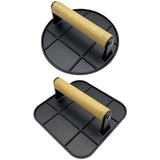 Presa Manuala pentru Carne, Vivimall, din Aliaj de Aluminiu, Maner din Lemn, Presa pentru Burgeri, Usor de Curatat si Folosit, Rotunda, 16x16x6 cm, Neagra - vivimall.ro