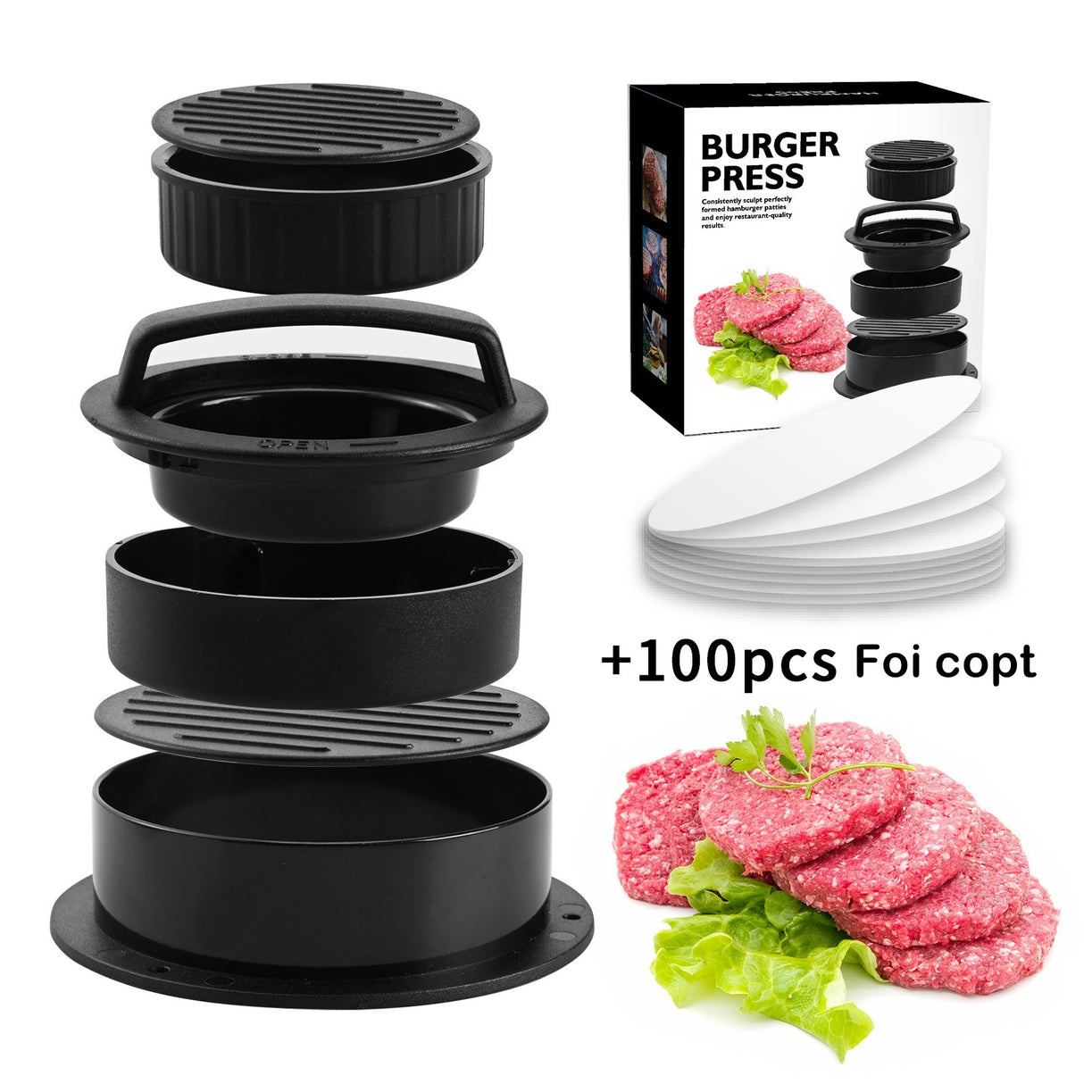Presa Dubla Pentru Hamburgeri 2 In 1, Forma Si Presa, Doua Dimensiuni, Cu Maner, Usor De Curatat Si Folosit, Material Abs, 100 De Foi Hartie De Copt Incluse, 13X13.5X7 Cm, Fara Lipire, Neagra - vivimall.ro