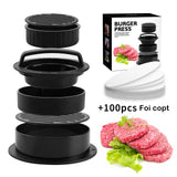 Presa Dubla Pentru Hamburgeri 2 In 1, Forma Si Presa, Doua Dimensiuni, Cu Maner, Usor De Curatat Si Folosit, Material Abs, 100 De Foi Hartie De Copt Incluse, 13X13.5X7 Cm, Fara Lipire, Neagra - vivimall.ro